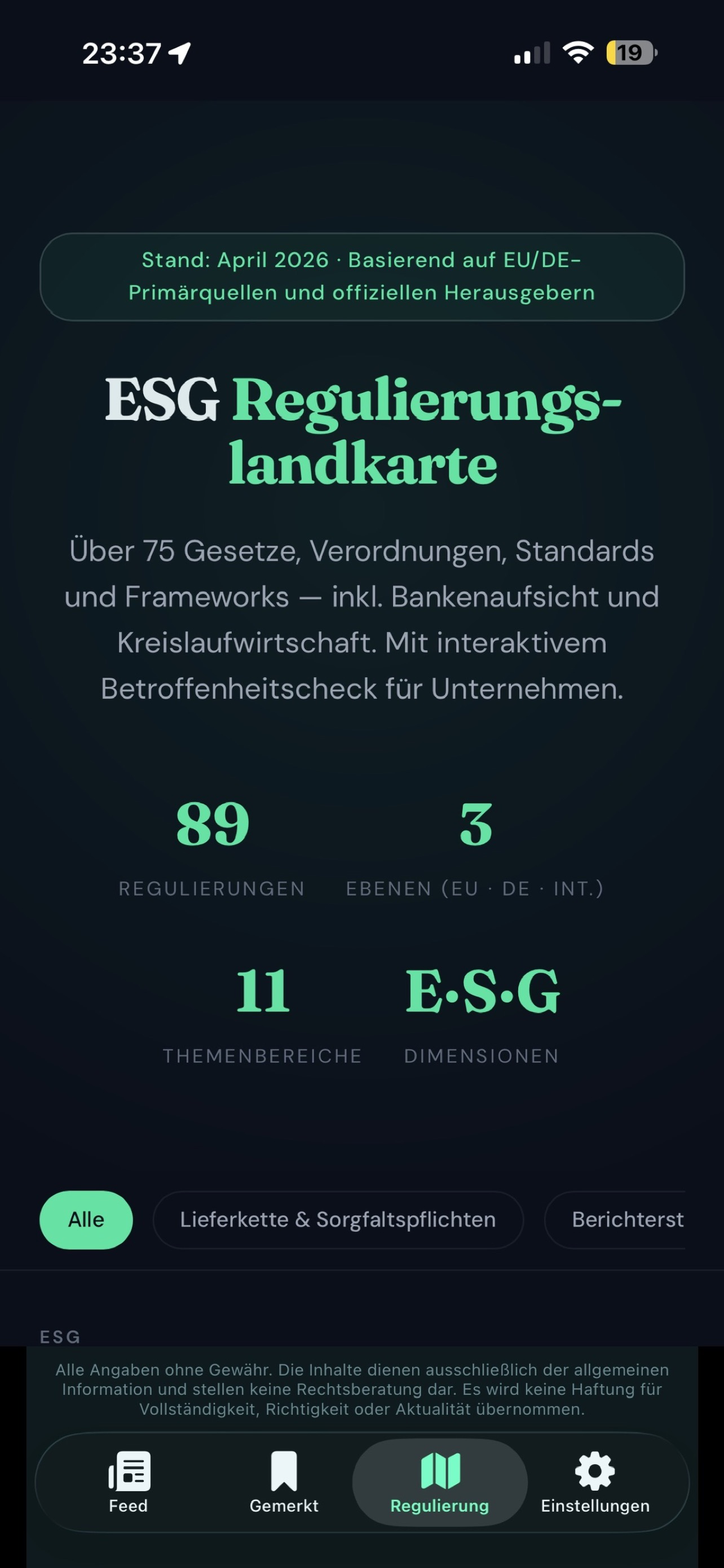 ESGvibe Regulierungslandkarte Screenshot